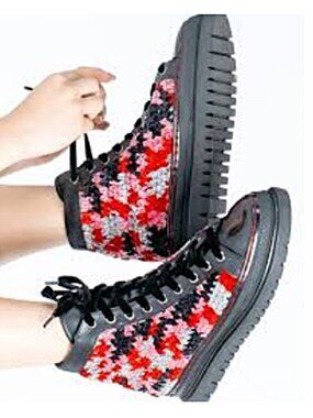 🔹️KROJAY 🔹️Rhodonite Black/ Red Lace Up Booties(For Women)